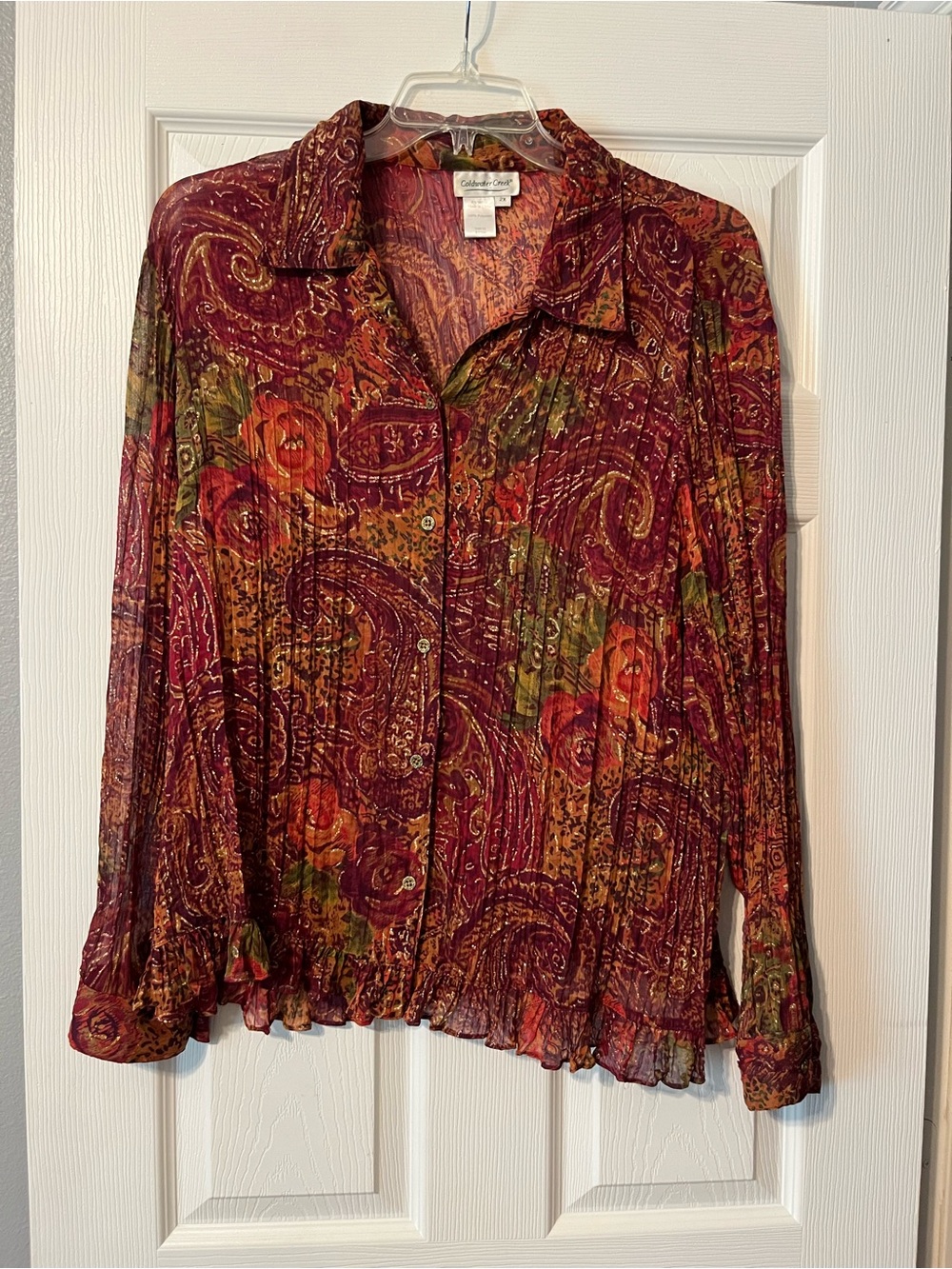 Coldwater Creek Burgundy Floral Sheer Button-Front Top with Gold Accents